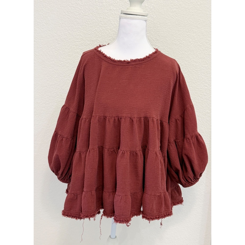 Free People Terracotta Burgundy Gauze Tiered Babydoll Puff Sleeve Blouse Small
